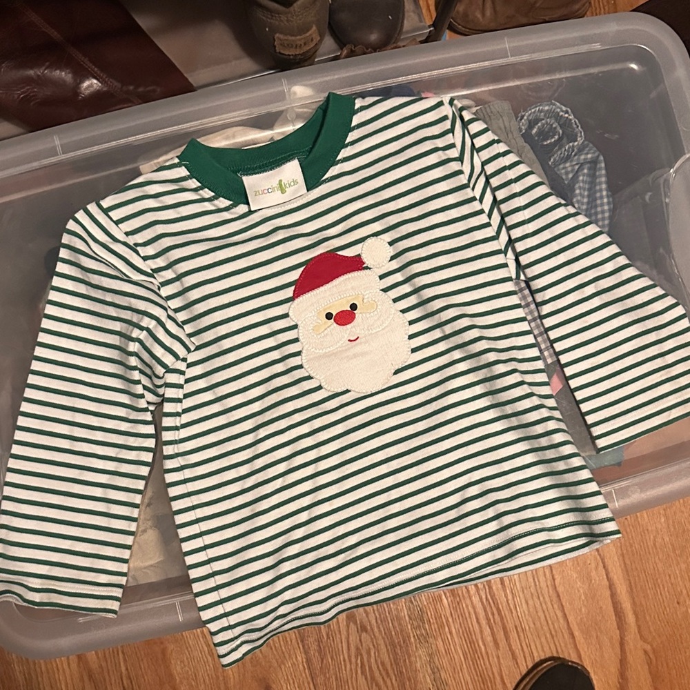 Kids Long Sleeve Green Striped Santa Tee